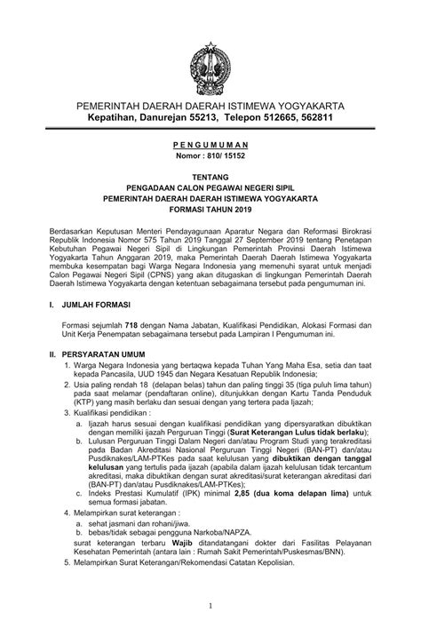 Pengadaan CPNS Pemerintah Daerah Istimewa Yogyakarta (DIY) Formasi