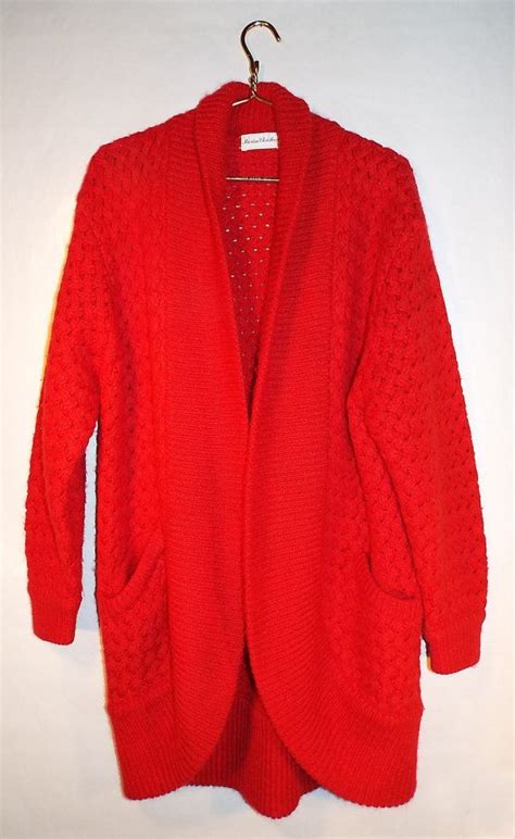 Vintage Red Sweater Coat Knitted Basket Weave By Jaasmineflower 65