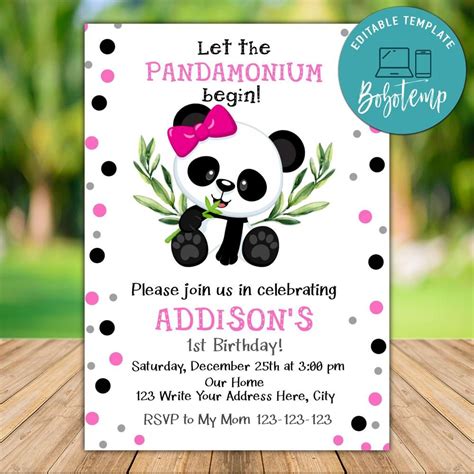 Printable Girl Panda Bear Birthday Invitation Instant Download Bobotemp