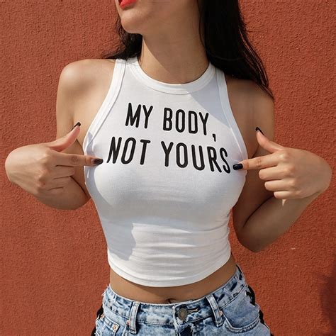 White Word My Body Not Yours Halter Basic Sleeveless Tight Crop Tank Tops Sexy Black Blue T