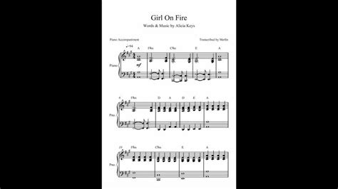 Girl On Fire By Alicia Keys Piano Accompaniment Sheet Music Youtube