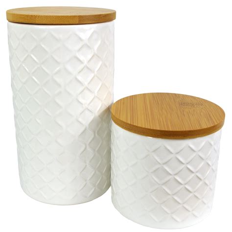 Set Of Two Ceramic Jars Embossed Cream Canisters With Lids Leaf