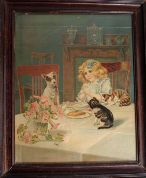 Vintage Lithograph Girl Cats Dog Kittens Framed Art Large Asking A