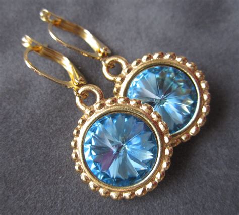 March Birthstone Earrings Swarovski Crystal Jewelry Gold