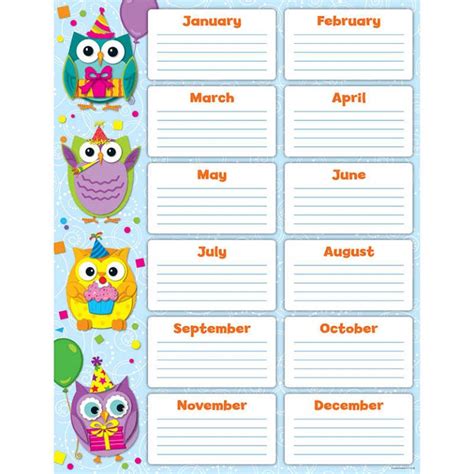 Carson Dellosa Colorful Owls Birthday Chart Cd 114199 Teachersparadise