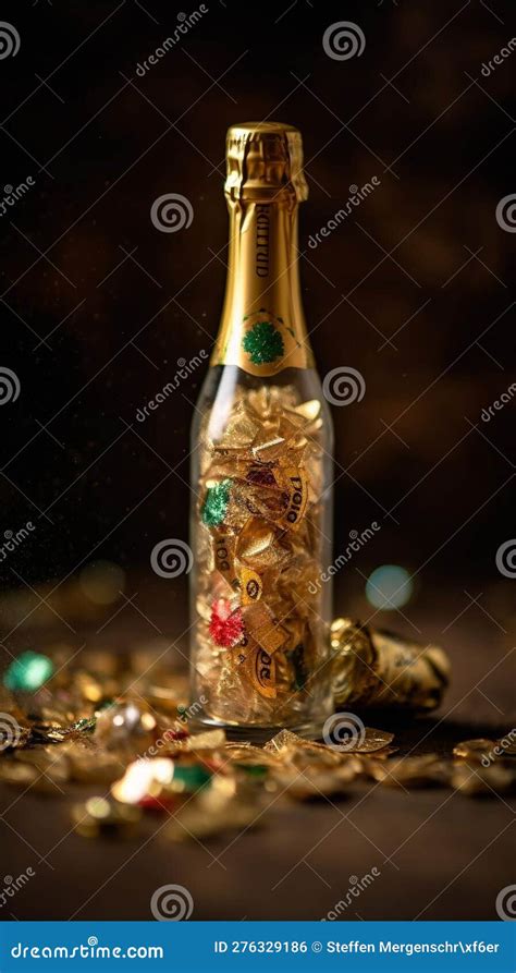 Festive Champagne Bottle And Confetti Poppers On Gold Backdrop Stock