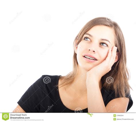 A Young Pensive Girl Looking Up Stock Photo Image Of Hand Hair 27855204