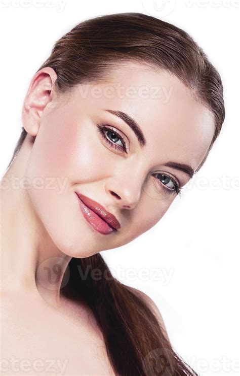 Beautiful Woman Face Close Up Portrait Happy Studio On White 949374