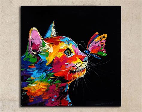 Cat And Butterfly Acrylic Painting On Canvas Black Canvas Paintings