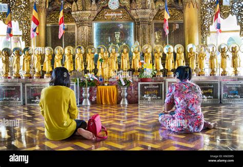 Burmese Women Pray At Buddhist Shrine Sule Pagoda Yangon Rangoon