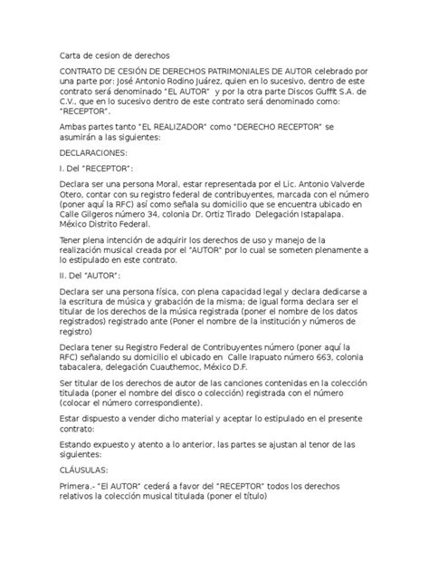 Carta De Cesion De Derechos México Información Del Gobierno