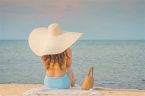 Back Of Views Young Woman Wearing Yellow Bikini Enjoy With Summer Vacation Sitting Relax On The