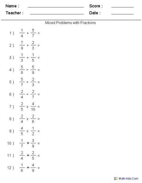 Adding Subtracting Multiplying Dividing Fractions And Mixed Numbers Worksheet