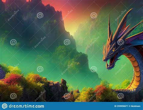 Magnificent Dragon In Mysterious Green Mountain Forest Fantasy