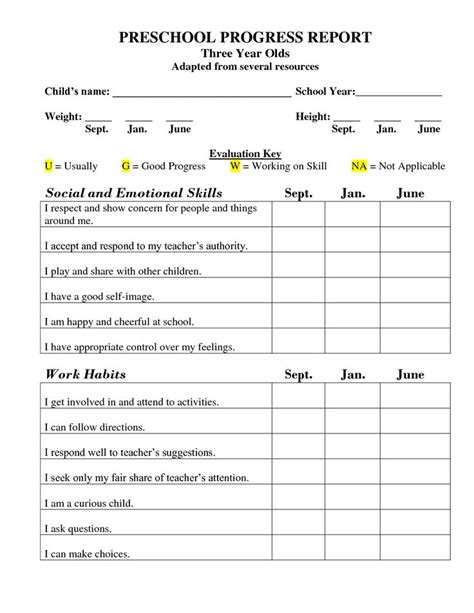 Printable Preschool Progress Report Template Kg
