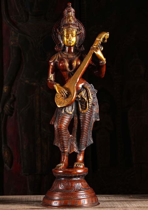 Brass Saraswati Standing Playing Veena 29 89bs110z Hindu Gods And Buddha Statues