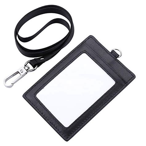 Genuine Leather 2 Sided Id Badge Holder With Lanyard Card Holder