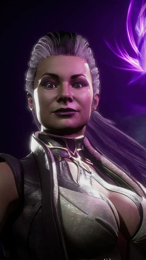 mortal kombat character purple haired woman with silver skin