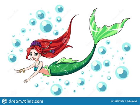 Cute Swimming Mermaid Vector Design Cartoon Girl With Red Hair And