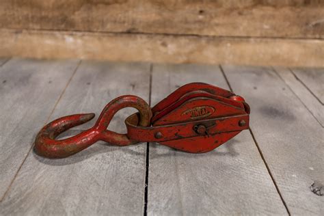 Vintage Dunlap Red Double Pulley Rustic Patina Primitive Barn Pulley