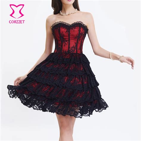 Corset Dress Red Satinandlace Victorian Gothic Overbust Corsets And Bustiers Waist Trainer Party