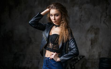 Wallpaper Women Maksim Romanov Belly Portrait Leather Jackets Choker 2560x1600 Motta123
