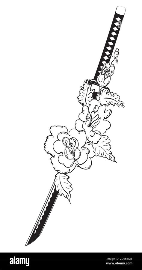 Japanese Katana Sword With Roses Black And White Illustration Stock