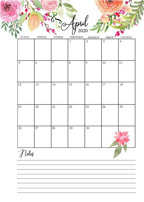 Floral April 2020 Calendar Printable April Calendar Printable Riset