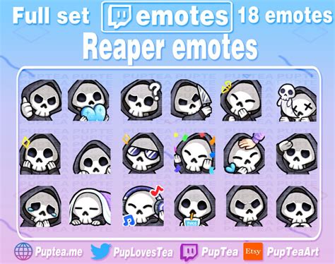 18x Cute Skeleton Grim Reaper Emotes Pack For Twitch And Etsy