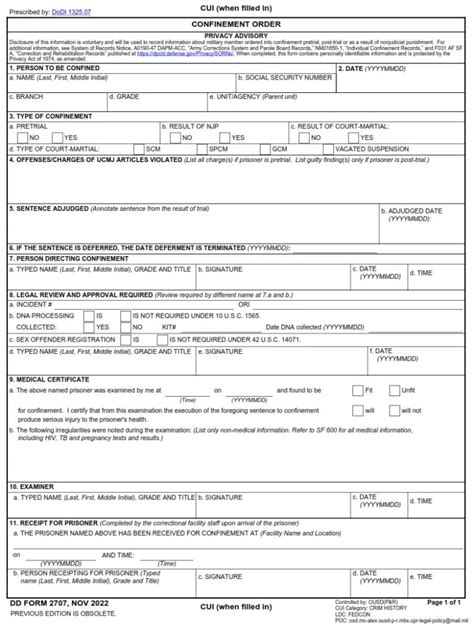 Dd Form 2707 Confinement Order Dd Forms