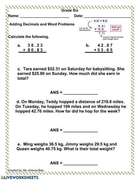 Adding Decimals With Word Problems Worksheet Decimal Word Problems