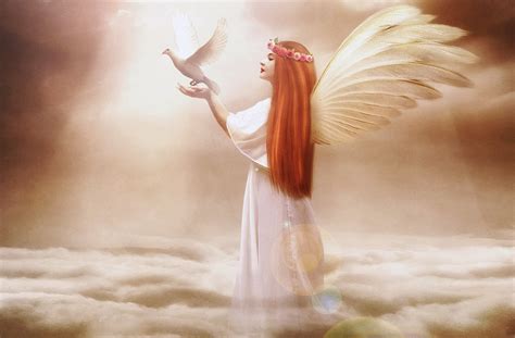 Angels Pigeons Redhead Girl Wings Clouds Fantasy Girls Angel Wallpaper