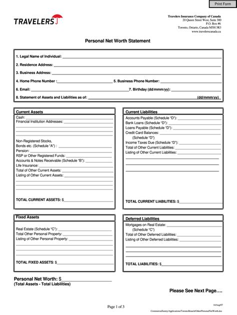 Personal Net Worth Statement Travelers Canada Fill Out And Sign Online