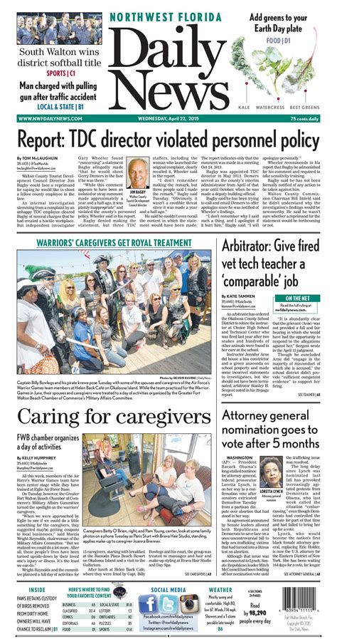 The April 22 2015 Front Page Of The Northwest Florida Daily News