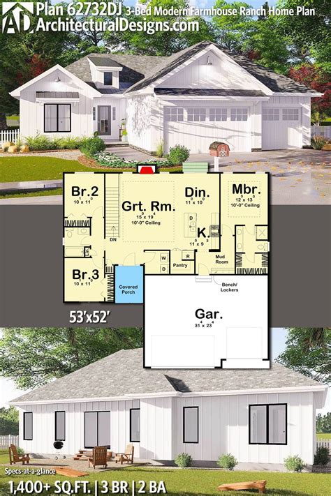 Plan 62732dj 3 Bed Modern Farmhouse Ranch Home Plan House Plans