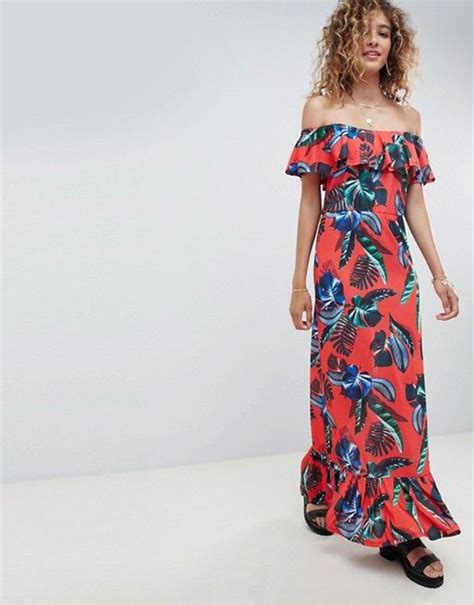 Asos Design Off Shoulder Maxi Sundress With Tiered Skirt In Tropical