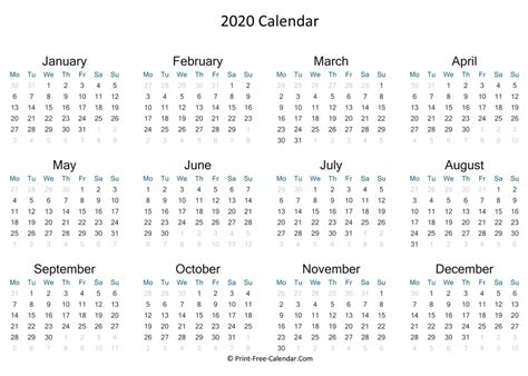 Print Free Calendar 2020