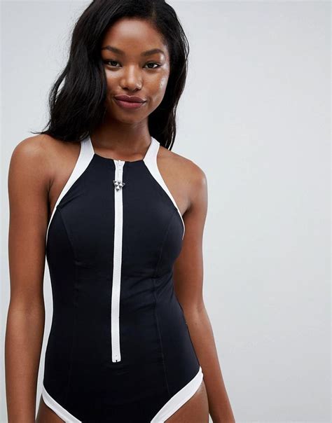 Seafolly Black Block High Neck Zip Front Swimsuit Swimsuits Seafolly