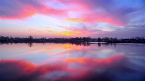 Lake Sunset Reflection Sky Horizon 4k