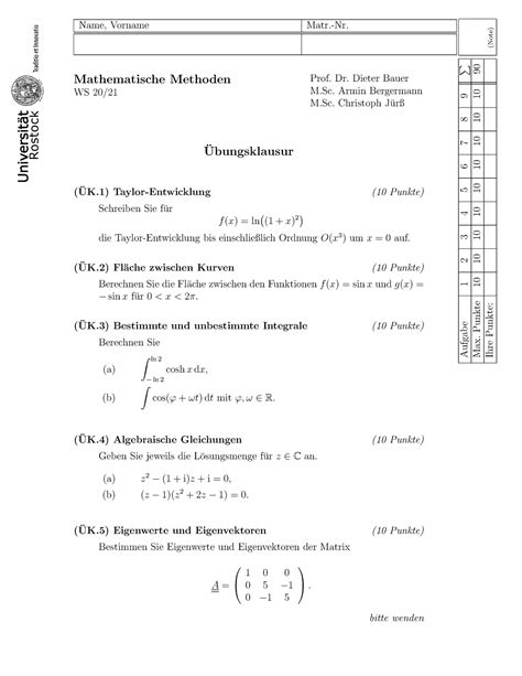 Uebungsklausur Wintersemester Name Vorname Matr Nr Mathematische