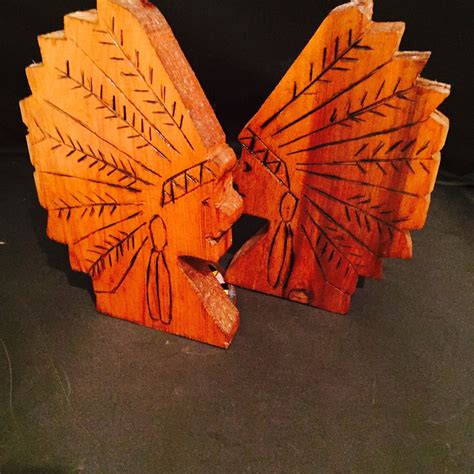 Vintage Carved Wood Native American Indian Chief Bookends Etsy Primitive Folk Art Carving