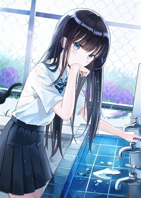 Anime Anime Girls Hand On Mouth Vertical Faucets School Uniform