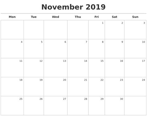 November 2019 Calendar Maker