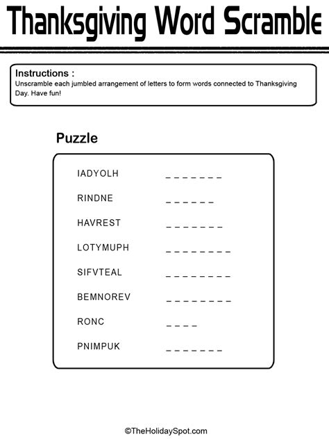 Thanksgiving Word Scramble Black And White Template