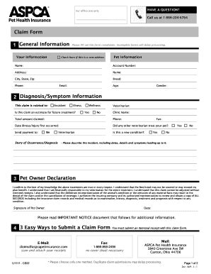 Aspca pet health insurance, akron, ohio. Fillable Online ASPCA Claim Form - United Emergency Animal Clinic Fax Email Print - PDFfiller