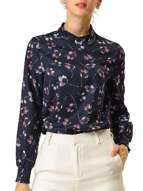 Allegra K Womens Floral Print Mock Neck Long Sleeve Pullover Blouse