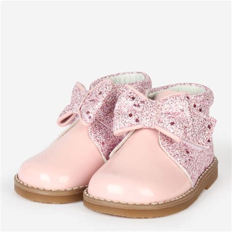 andanines girls pink glitter velcro boots with bowtie little boppers