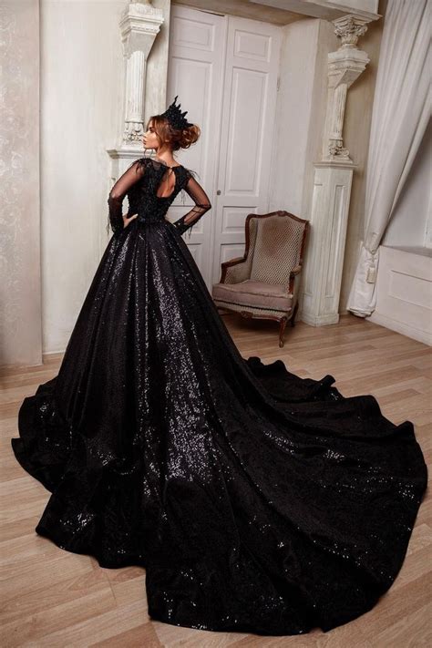 Black Full Sparkle Ball Gown Wedding Dress Bridal Gown Long Sleeves