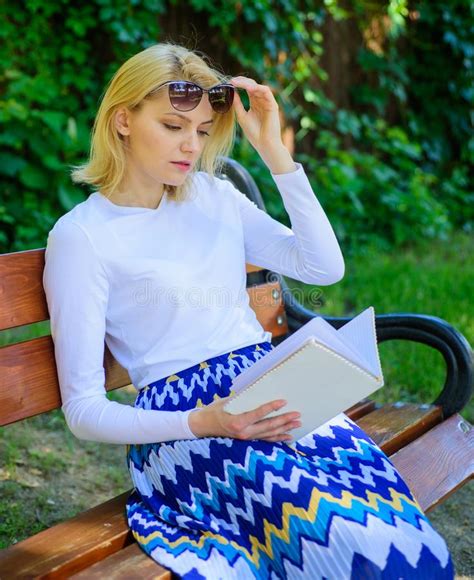 Girl Sit Bench Relaxing With Book Green Nature Background Woman Blonde Take Break Relaxing In