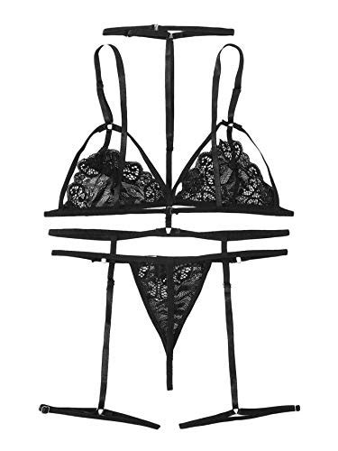 Shein Womens Floral Lace Sexy Garter Sheer Lingerie Set Strappy With